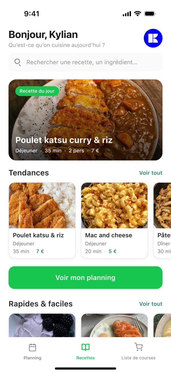 Interface d’une application mobile conçue par Kylian Pigeon