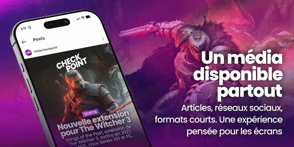 Composition sombre : « Un média disponible partout », Checkpoint sur mobile et sur les réseaux