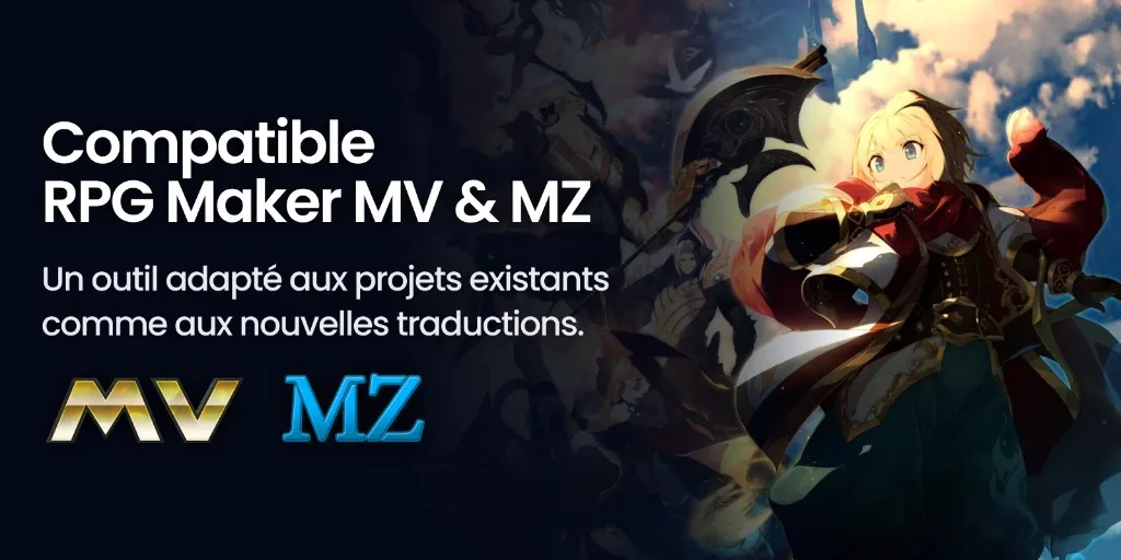 Composition sombre : « Compatible RPG Maker MV & MZ », univers de jeu et logos des moteurs