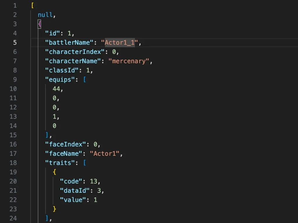 Extrait d’un fichier JSON d’un projet RPG Maker, ouvert dans un éditeur de code