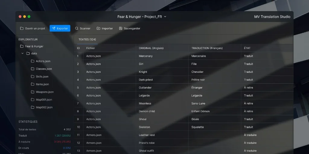 Vue d’ensemble de l’application : projets, fichiers du jeu et avancement de la traduction